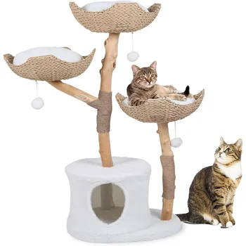 Moderné Indoor Cat Strom s Viacerými Úrovňami|Pevné Skutočného Dreva Cat Tower, odolné voči Poškriabaniu Lano s Pom-Pom,Mačka Posteľ,Hodí do 4 Mačky